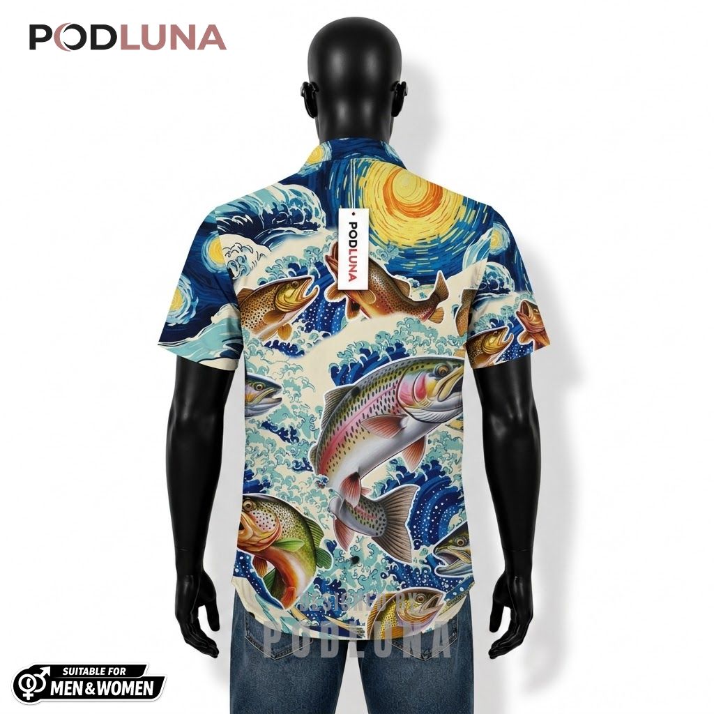 Starry Fishing Hawaiian Shirt Trout Ocean Wave Art Back Starry Fishing Hawaiian Shirt Trout Ocean Wave Art Back