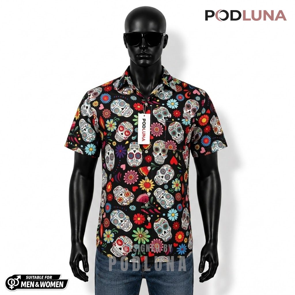 Sugar Skull Halloween Hawaiian Shirt Day Dead Floral Front