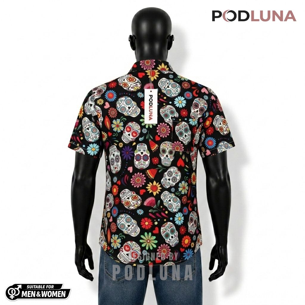 Sugar Skull Halloween Hawaiian Shirt Day Dead Floral Back Sugar Skull Halloween Hawaiian Shirt Day Dead Floral Back