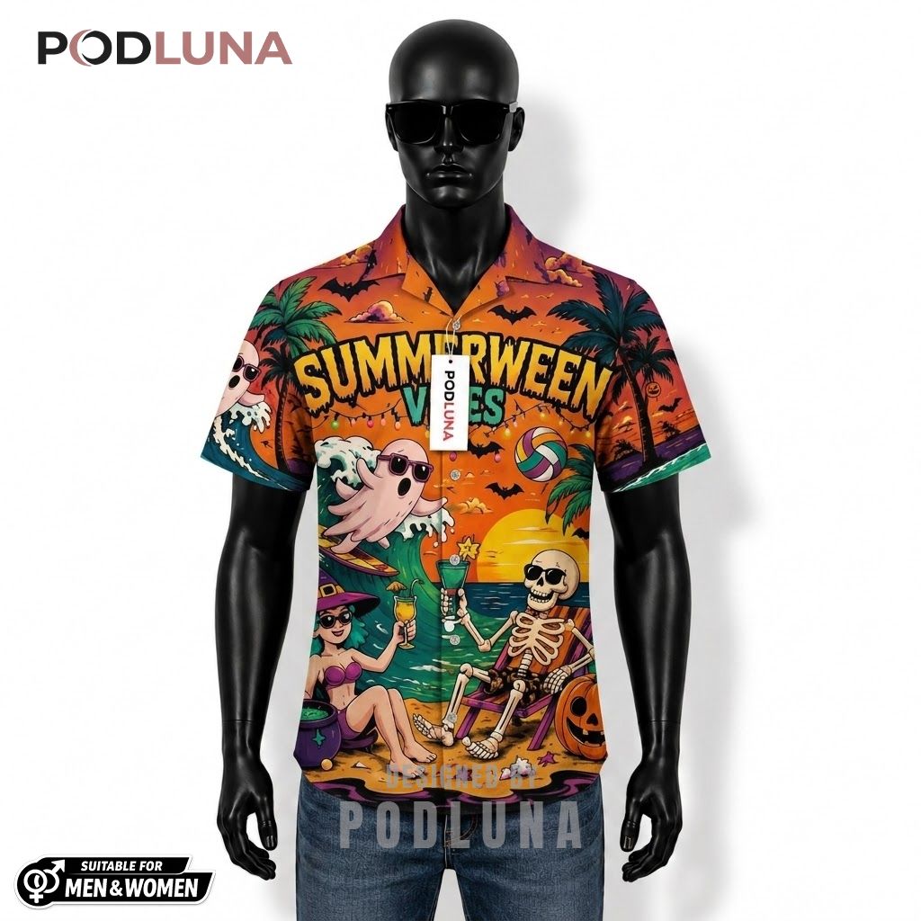 Summerween Halloween Hawaiian Shirt Skeleton Beach Ghost Front