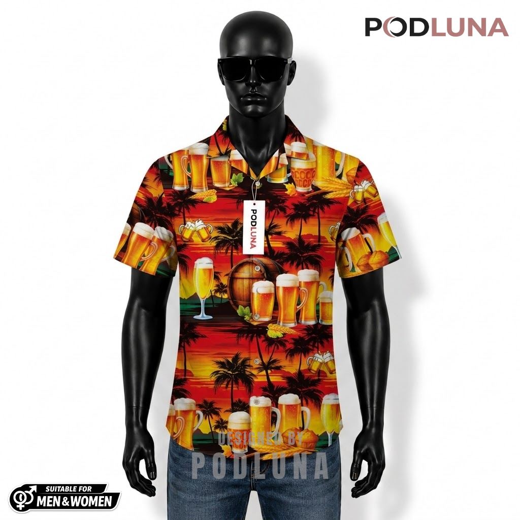 Sunset Beer Hawaiian Shirt Palm Tree Silhouette Pattern Front