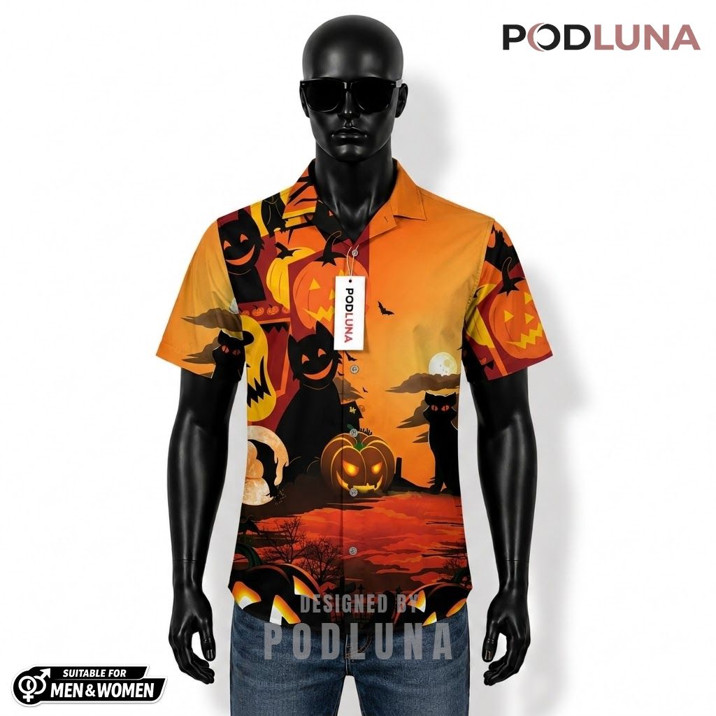 Sunset Pumpkin Halloween Hawaiian Shirt Black Cat Silhouette Front