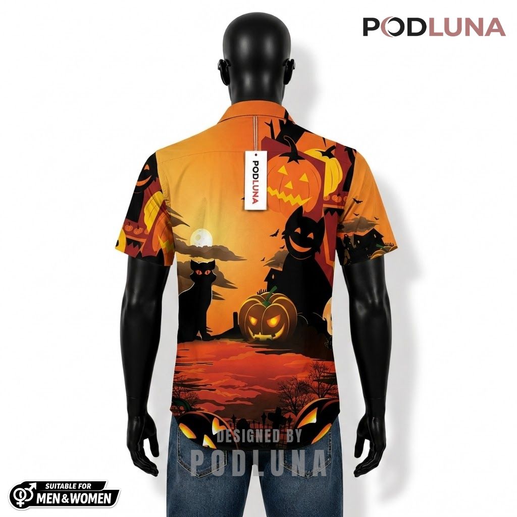 Sunset Pumpkin Halloween Hawaiian Shirt Black Cat Silhouette Back Sunset Pumpkin Halloween Hawaiian Shirt Black Cat Silhouette Back