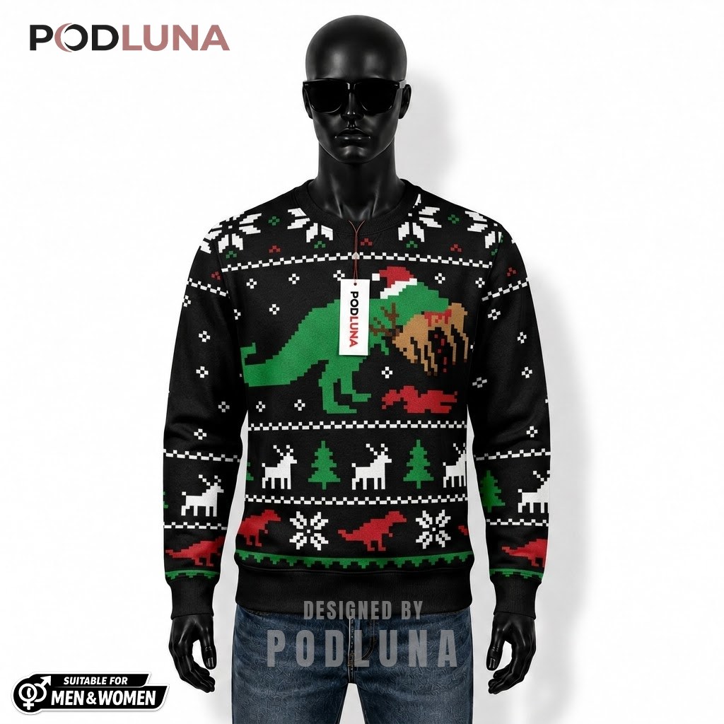 T-Rex Ugly Sweater Christmas Eating Reindeer Funny Front
