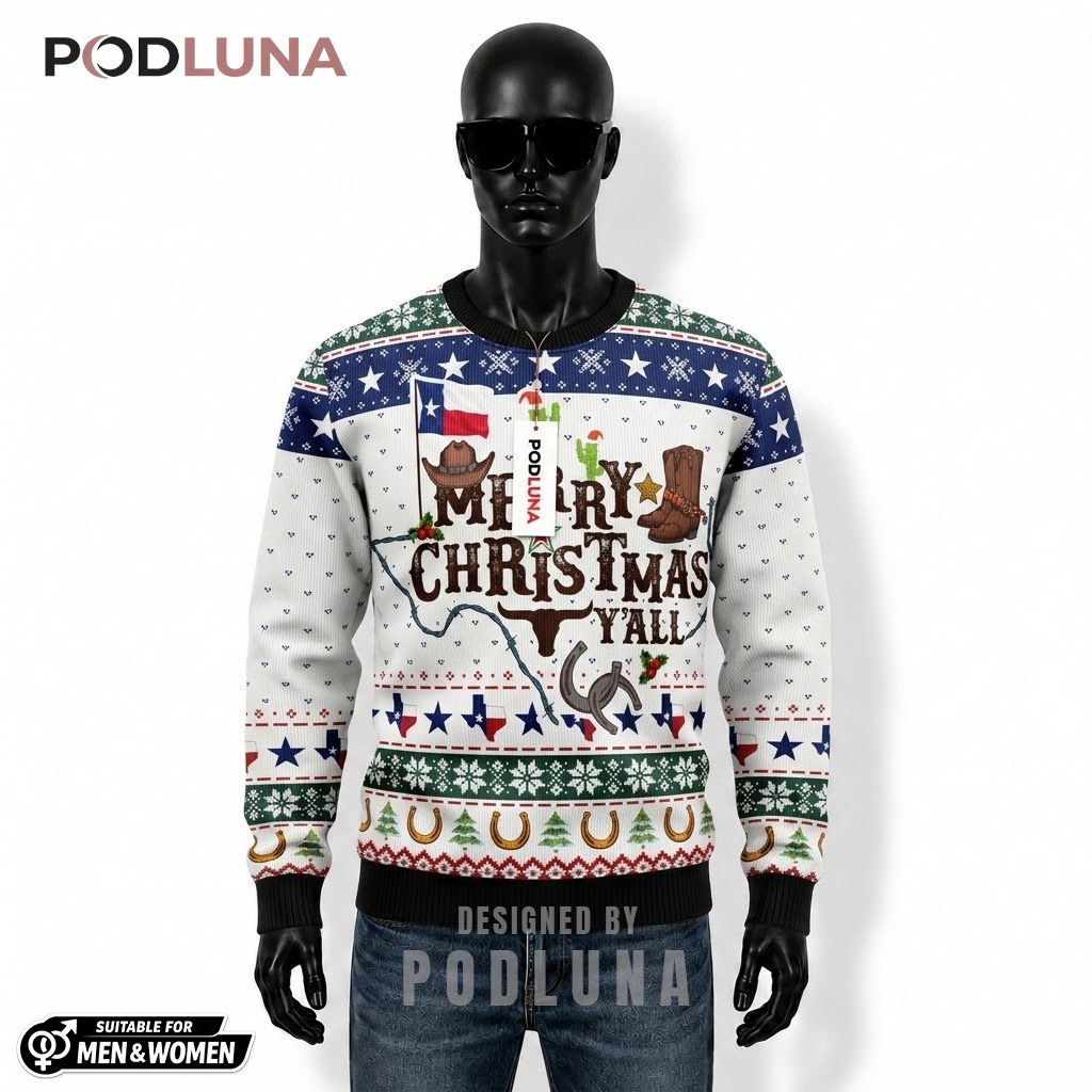 Texas Ugly Christmas Sweater Merry Y'all Cowboy Front