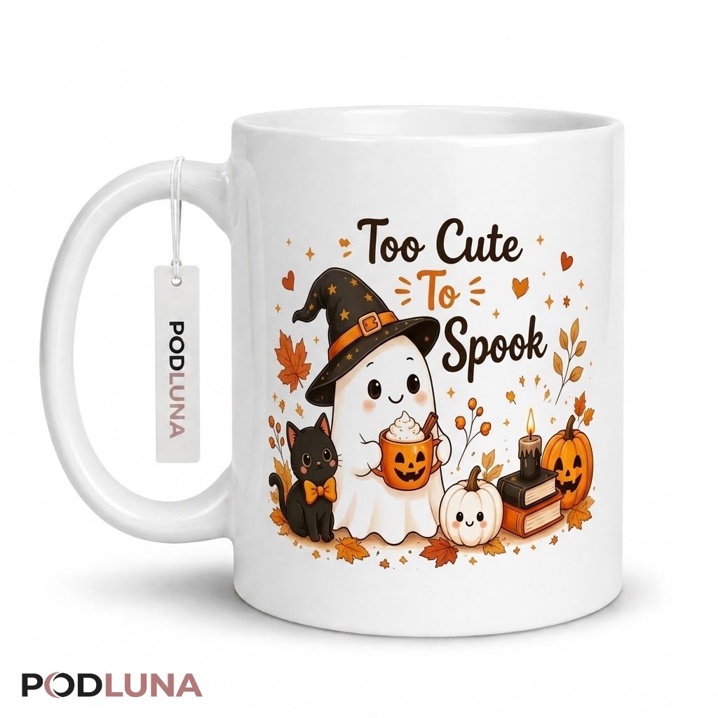 Too Cute To Spook Cute Halloween Mug Ghost Black Cat Pumpkin 1