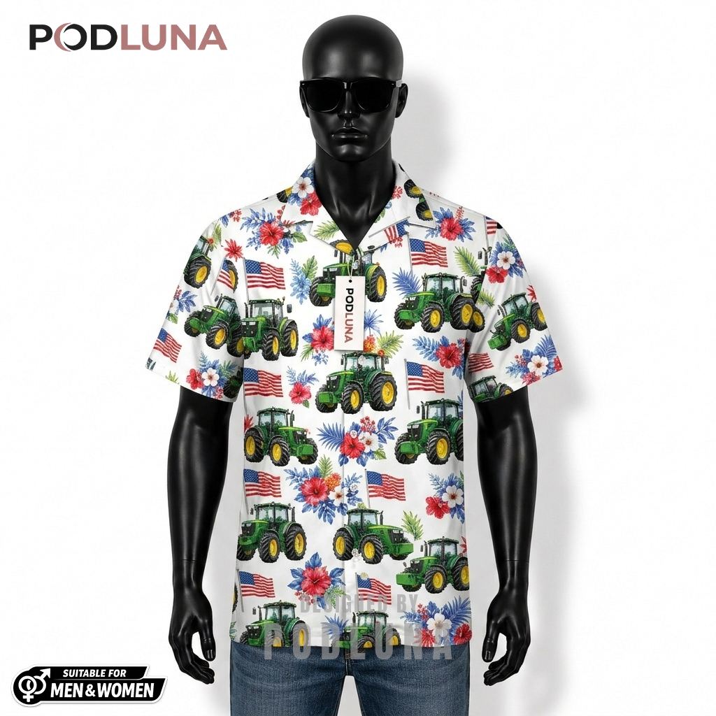Tractor Patriotic Hawaiian Shirt USA Flag Hibiscus Print Front