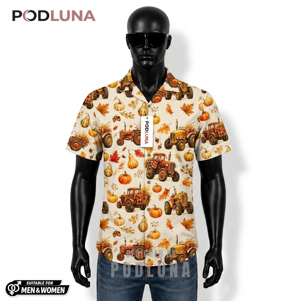 Tractor Thanksgiving Hawaiian Shirt Pumpkin Autumn Leaves Front