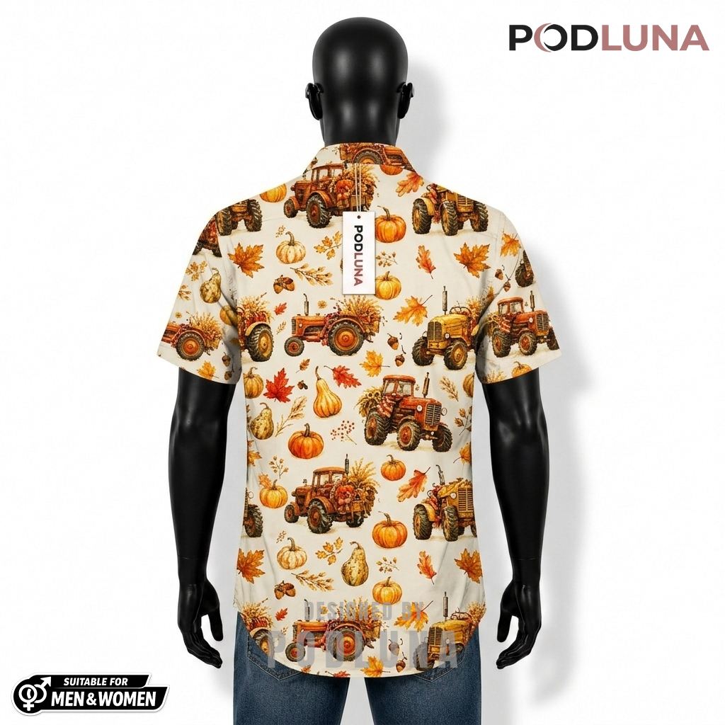 Tractor Thanksgiving Hawaiian Shirt Pumpkin Autumn Leaves Back Tractor Thanksgiving Hawaiian Shirt Pumpkin Autumn Leaves Back