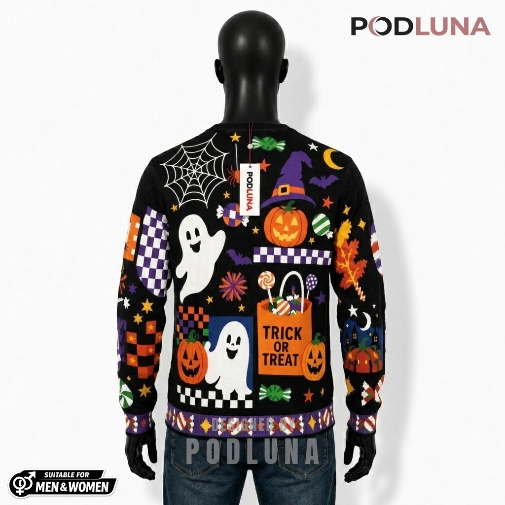 Trick Or Treat Halloween Cardigan Ghost Pumpkin Sweater 2 Trick Or Treat Halloween Cardigan Ghost Pumpkin Sweater 2