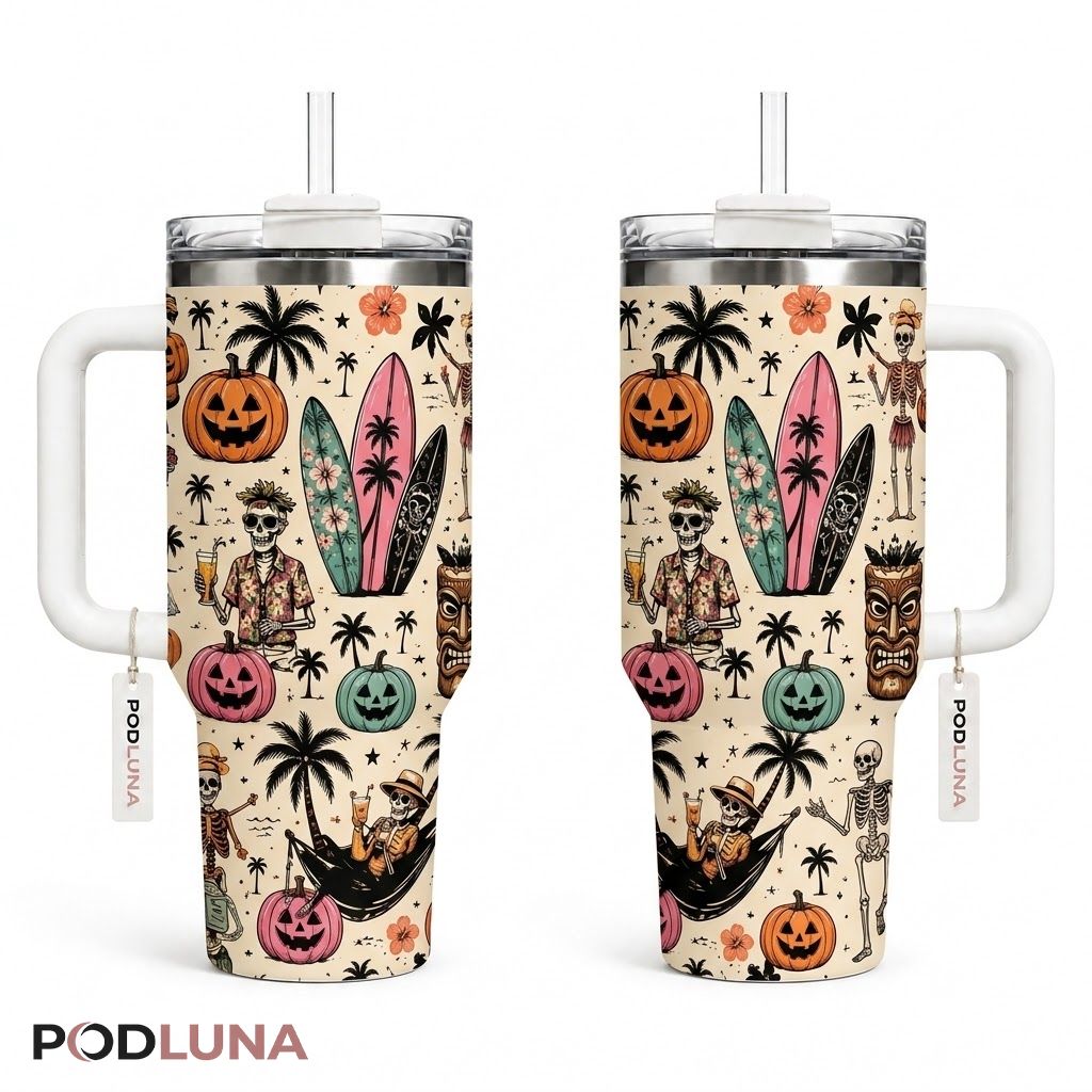Tropical Beach Halloween Tumbler 40oz Skeleton Surfboard Pumpkin Design