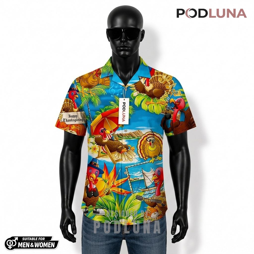 Tropical Beach Turkey Thanksgiving Hawaiian Shirt Tropical Vacation Blue Front