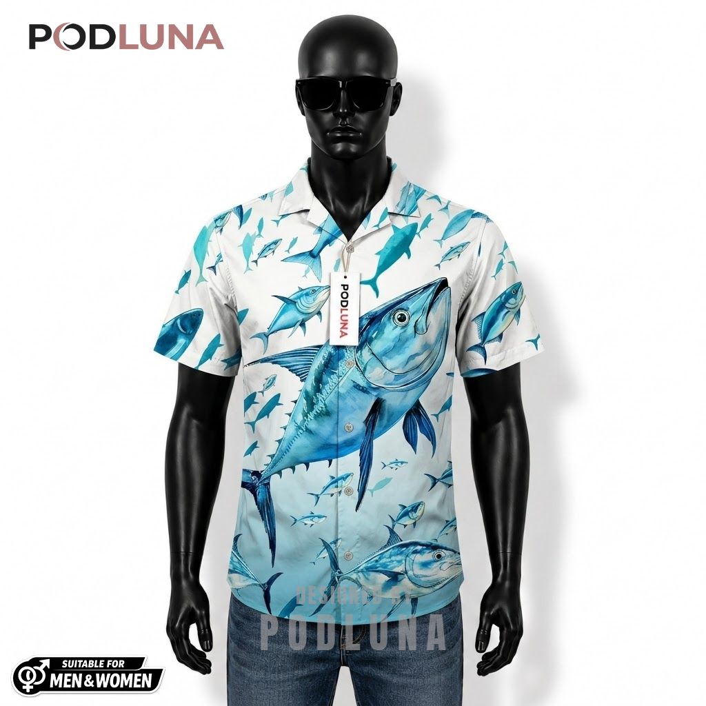 Tuna Fishing Hawaiian Shirt Ocean Gradient Fish Print Front