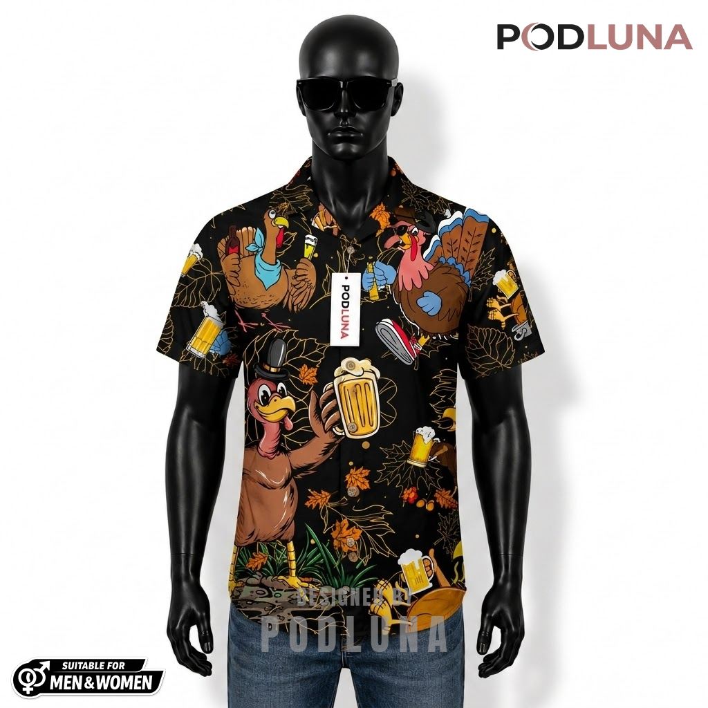 Turkey Beer Hawaiian Shirt Autumn Leaves Black Pattern Front