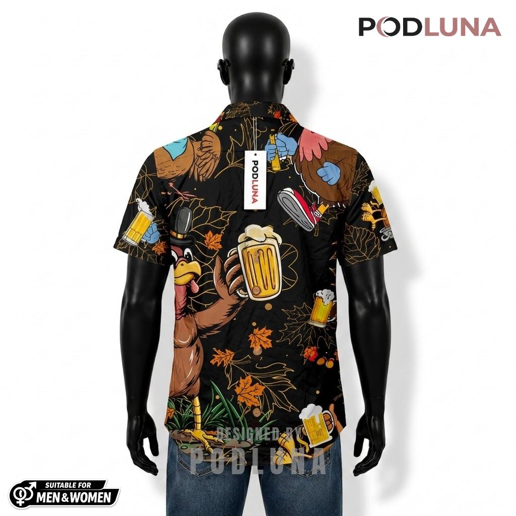 Turkey Beer Hawaiian Shirt Autumn Leaves Black Pattern Back Turkey Beer Hawaiian Shirt Autumn Leaves Black Pattern Back