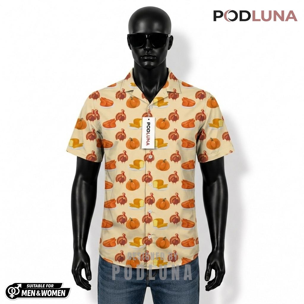 Turkey Pumpkin Roast Turkey Thanksgiving Hawaiian Shirt Beige Front