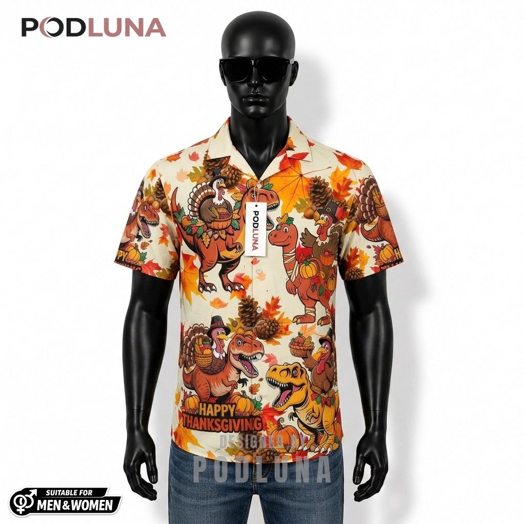 Turkey Riding Dinosaur Thanksgiving Hawaiian Shirt Autumn Leaves Front