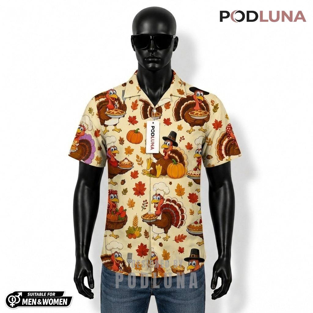 Turkey Thanksgiving Hawaiian Shirt Pumpkin Pie Autumn Leaves Front