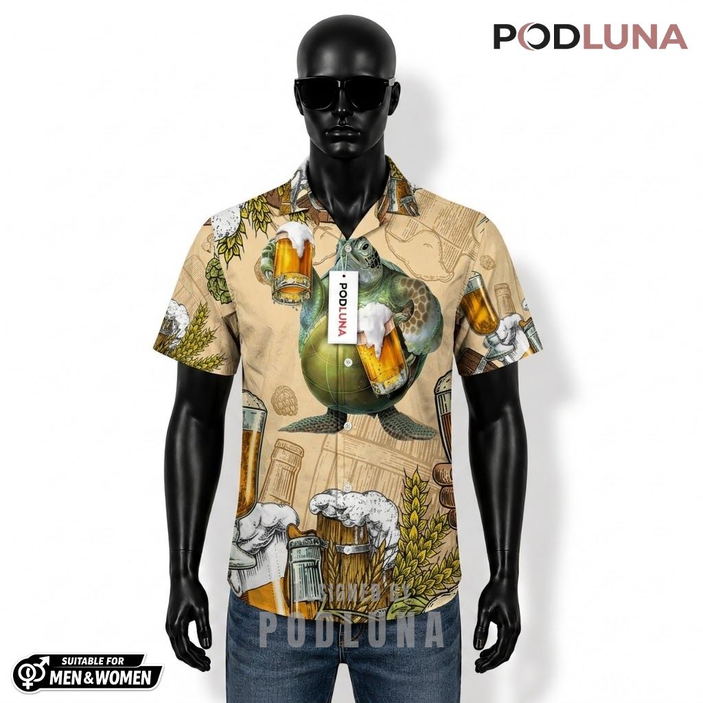 Turtle Beer Hawaiian Shirt Barrel Hops Cream Pattern Front