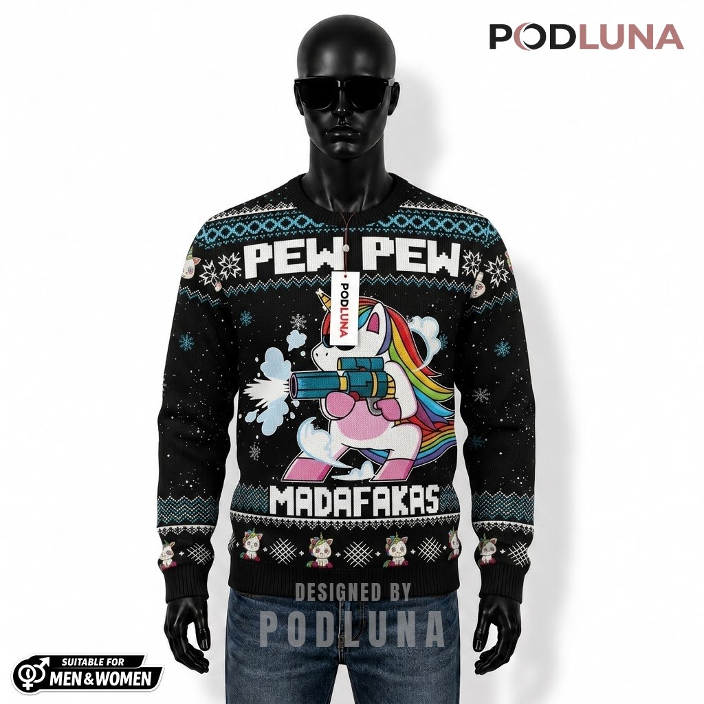 Unicorn Ugly Christmas Sweater Pew Pew Funny Front