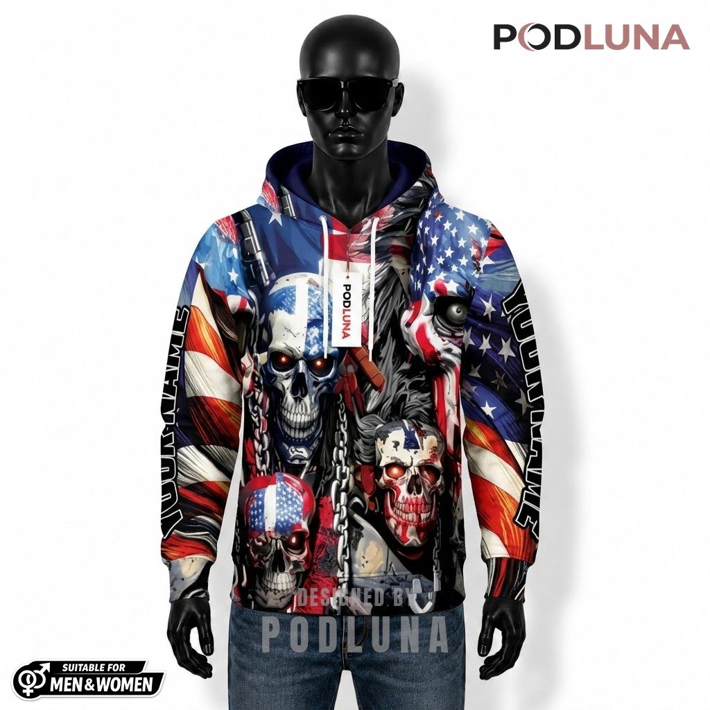USA Halloween 3D Hoodie American Flag Skull Custom Name 1