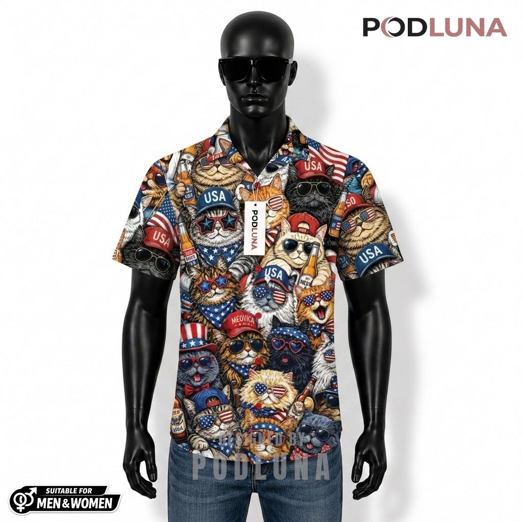 USA Patriotic Hawaiian Shirt Cat Sunglasses Beer Print Design Front