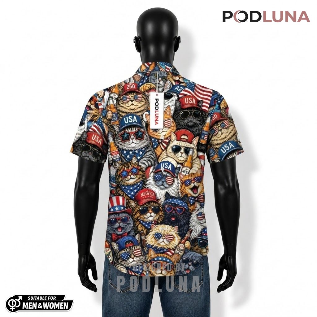 USA Patriotic Hawaiian Shirt Cat Sunglasses Beer Print Design Back USA Patriotic Hawaiian Shirt Cat Sunglasses Beer Print Design Back
