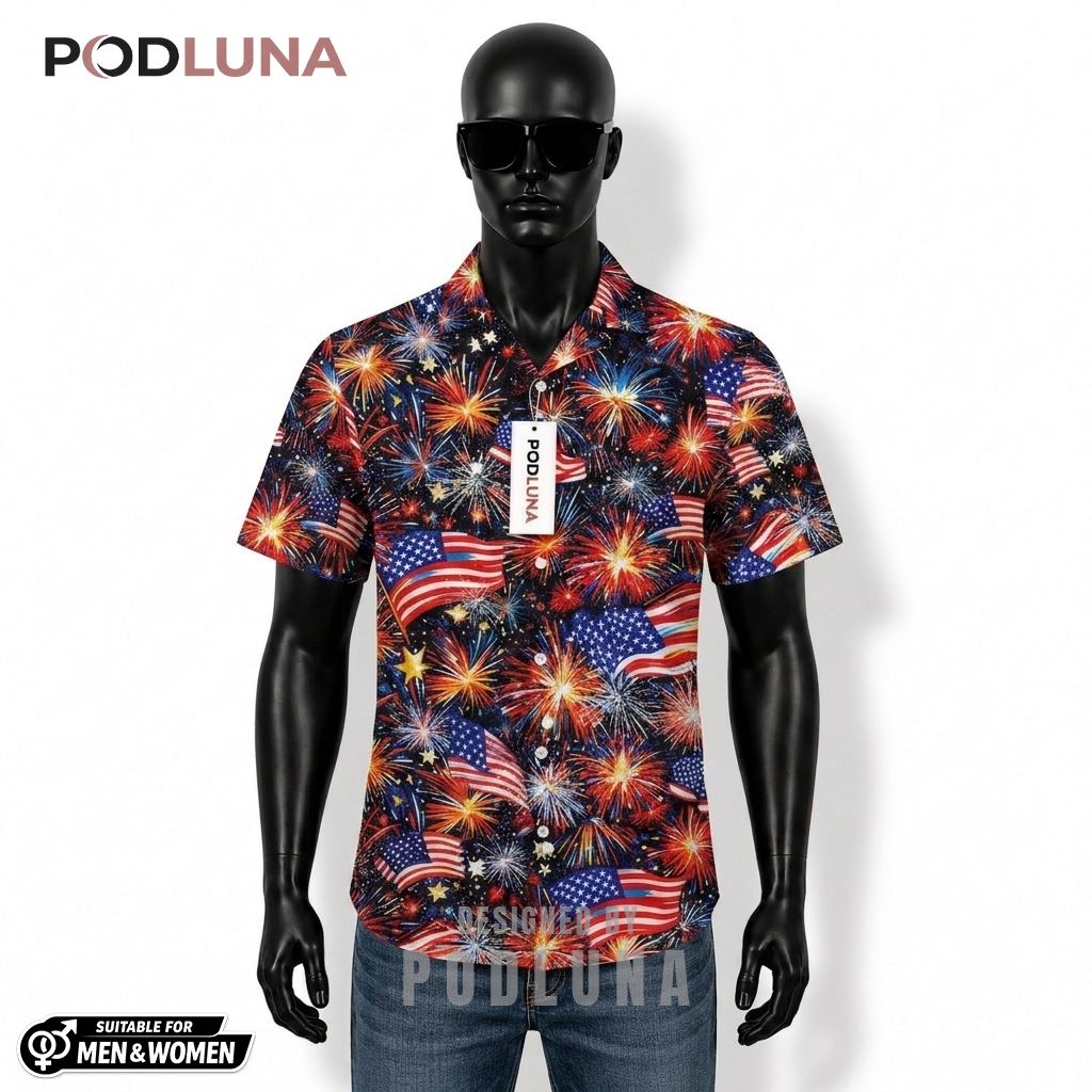 USA Patriotic Hawaiian Shirt Fireworks Flag Night Print Front