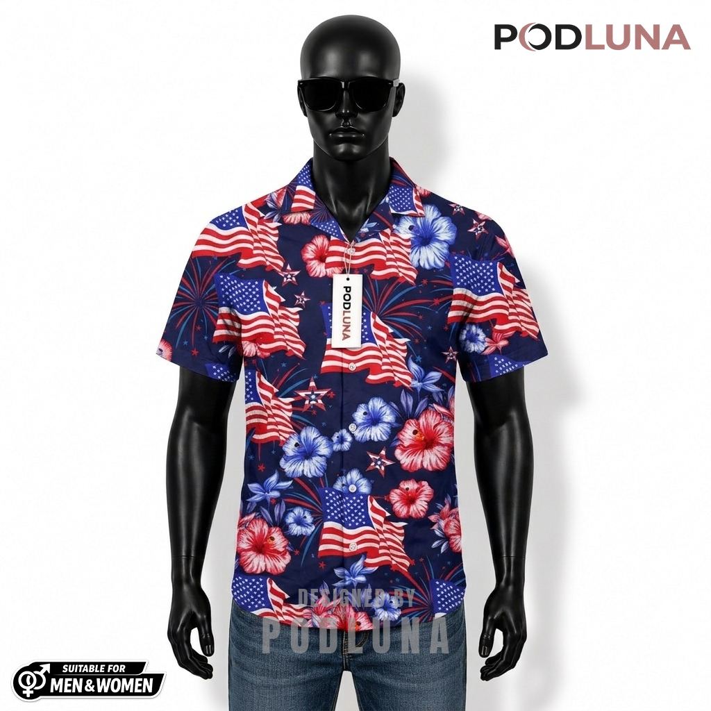 USA Patriotic Hawaiian Shirt Flag Hibiscus Fireworks Print Front