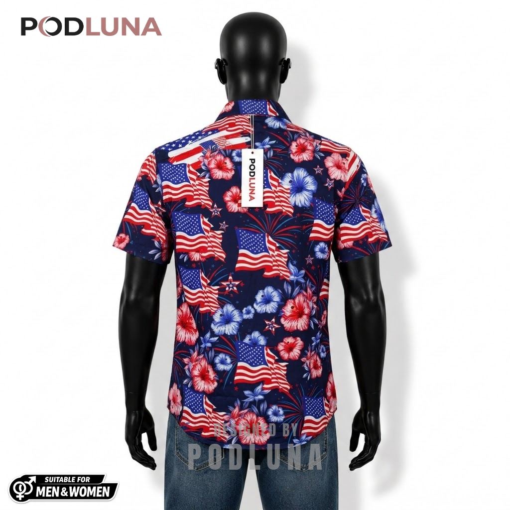 USA Patriotic Hawaiian Shirt Flag Hibiscus Fireworks Print Back USA Patriotic Hawaiian Shirt Flag Hibiscus Fireworks Print Back