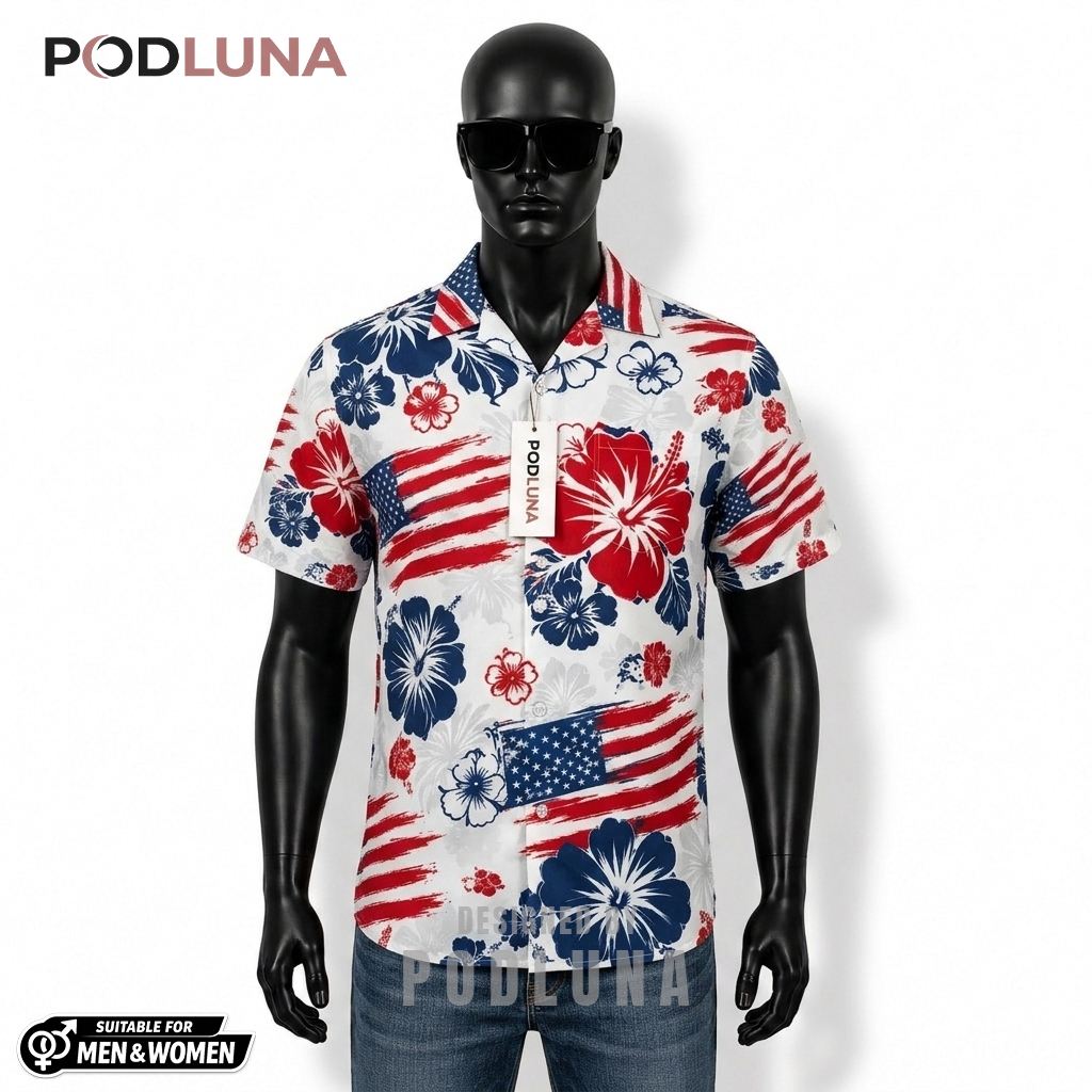 USA Patriotic Hawaiian Shirt Hibiscus Flag Brush Print Front