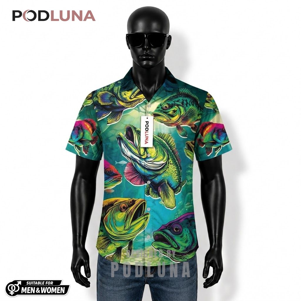 Vibrant Fishing Hawaiian Shirt Colorful Bass Underwater Front