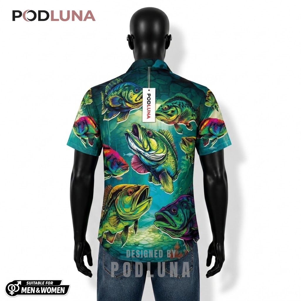 Vibrant Fishing Hawaiian Shirt Colorful Bass Underwater Back Vibrant Fishing Hawaiian Shirt Colorful Bass Underwater Back