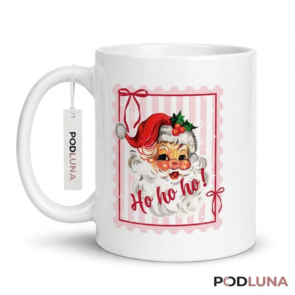 Vintage Christmas Mugs Retro Santa Ho Ho Ho Pink Stamp Coffee Cup 1
