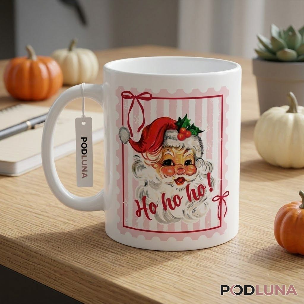 Vintage Christmas Mugs Retro Santa Ho Ho Ho Pink Stamp Coffee Cup 2 Vintage Christmas Mugs Retro Santa Ho Ho Ho Pink Stamp Coffee Cup 2