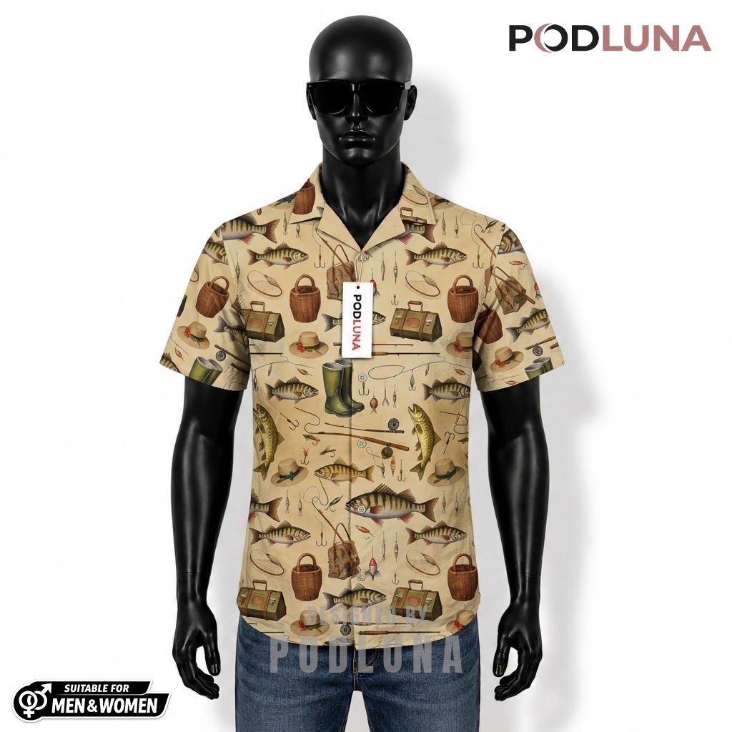 Vintage Fishing Hawaiian Shirt Tackle Gear Pattern Print Front