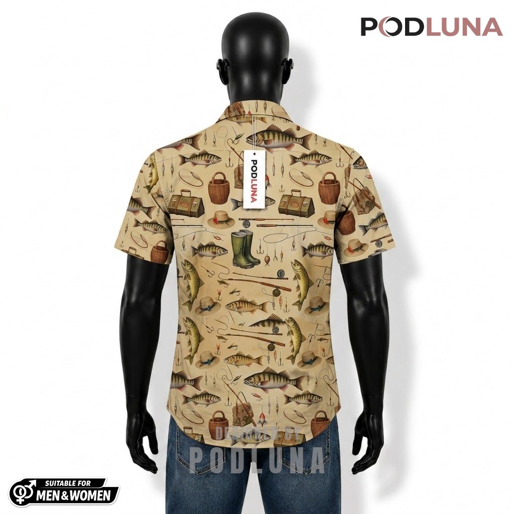 Vintage Fishing Hawaiian Shirt Tackle Gear Pattern Print Back Vintage Fishing Hawaiian Shirt Tackle Gear Pattern Print Back