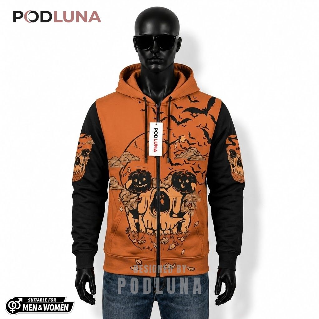 Vintage Halloween 3D Hoodie Pumpkin Bat Orange Skull 1