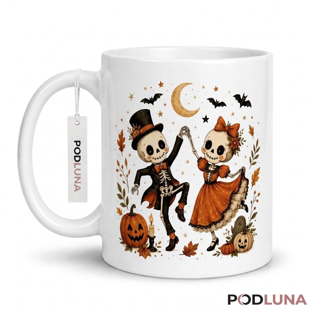 Vintage Halloween Mug Skeleton Couple Dancing Moon Pumpkin 1