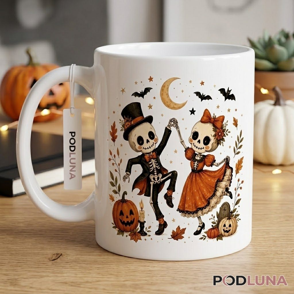 Vintage Halloween Mug Skeleton Couple Dancing Moon Pumpkin 2 Vintage Halloween Mug Skeleton Couple Dancing Moon Pumpkin 2