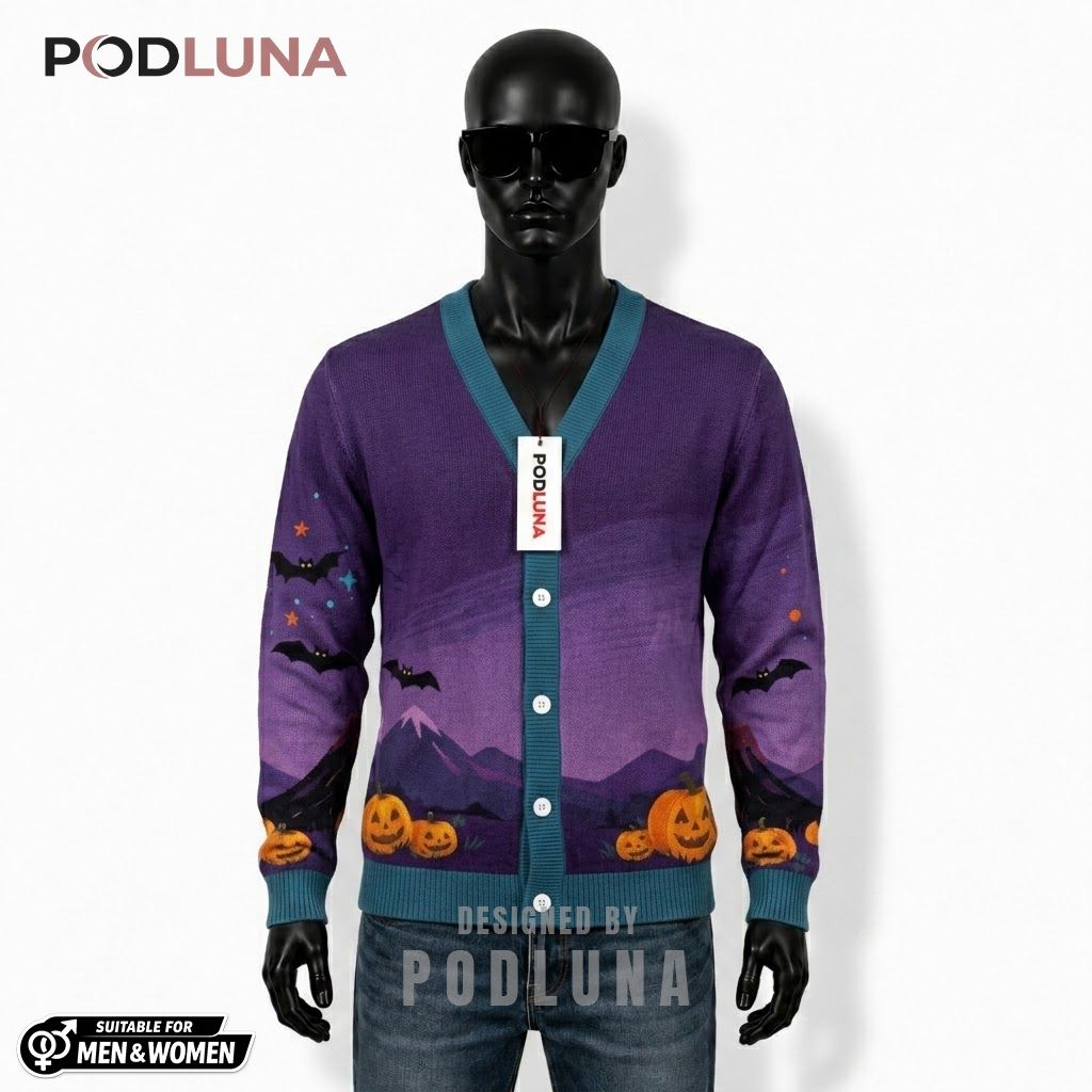 Volcano Halloween Cardigan Ghost Pumpkin Mountain 1