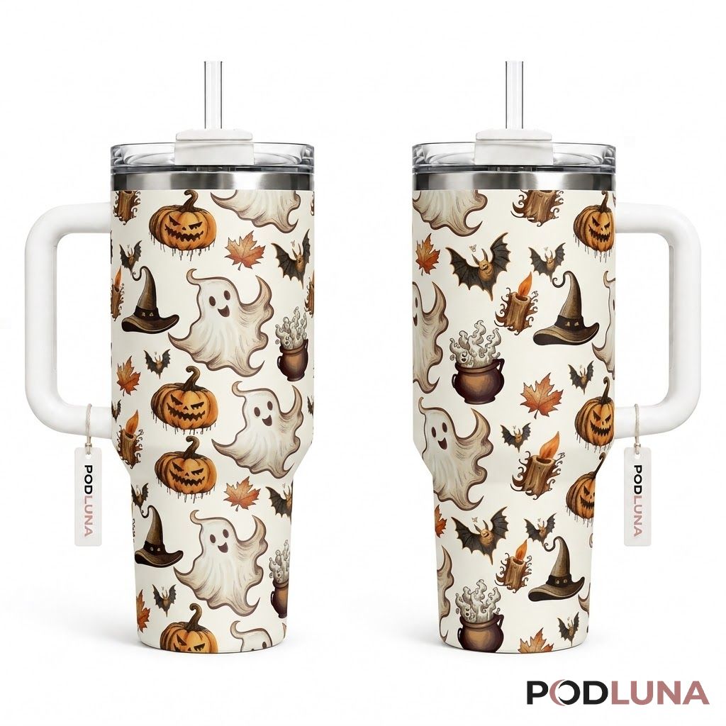 Watercolor Ghost Halloween Tumbler 40oz Cauldron Witch Hat Pumpkin Design