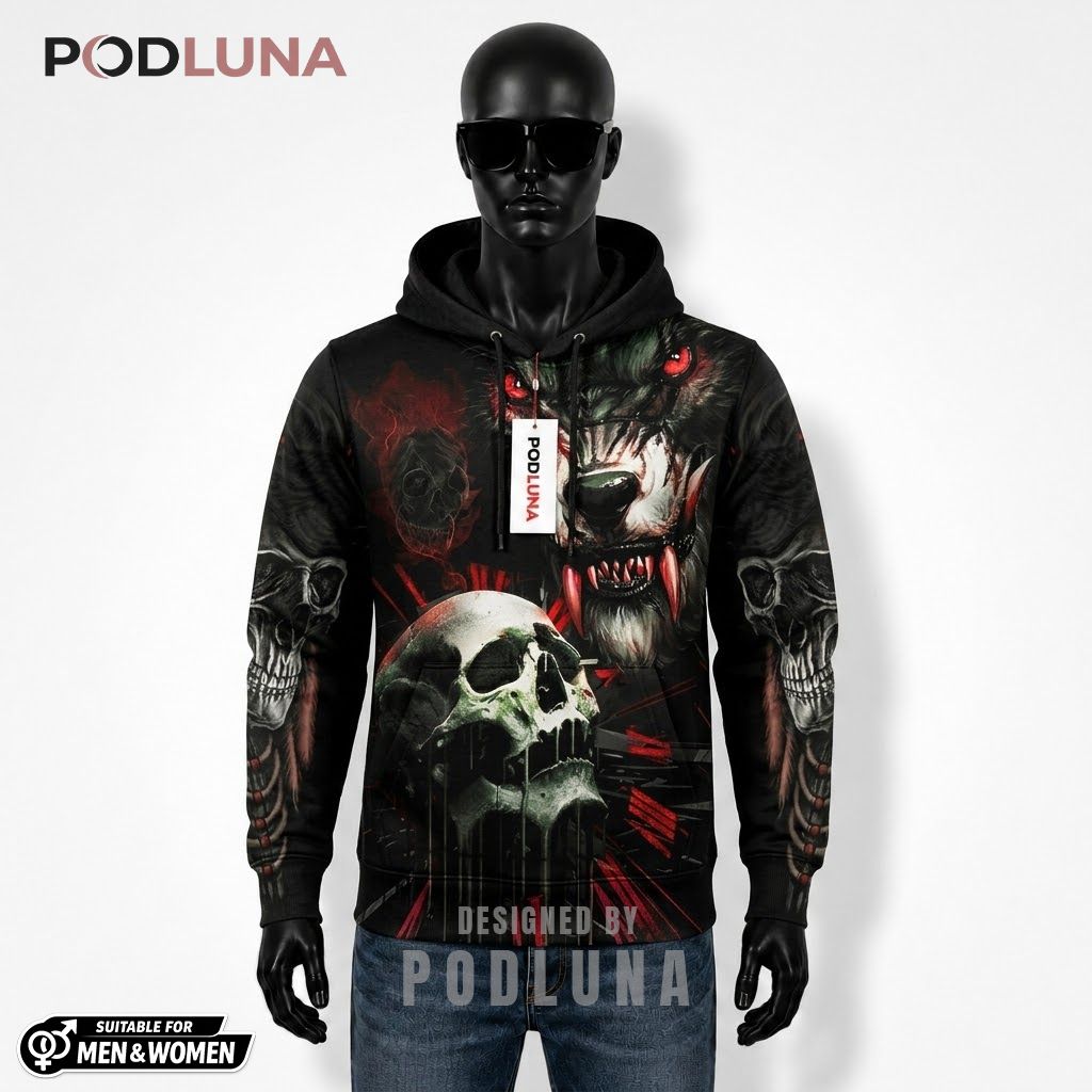 Werewolf Halloween 3D Hoodie Red Eye Skull Print 1