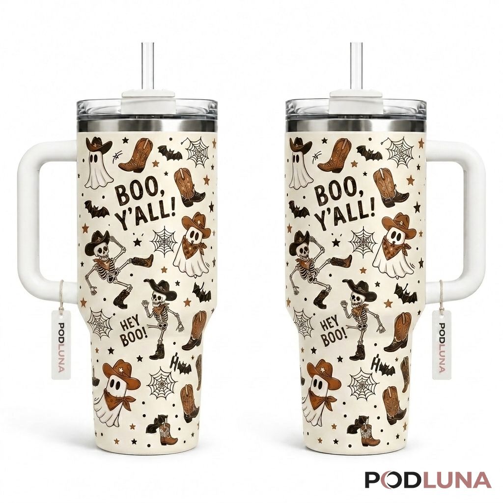 Western Cowboy Halloween Tumbler 40oz Ghost Skeleton Boots Design