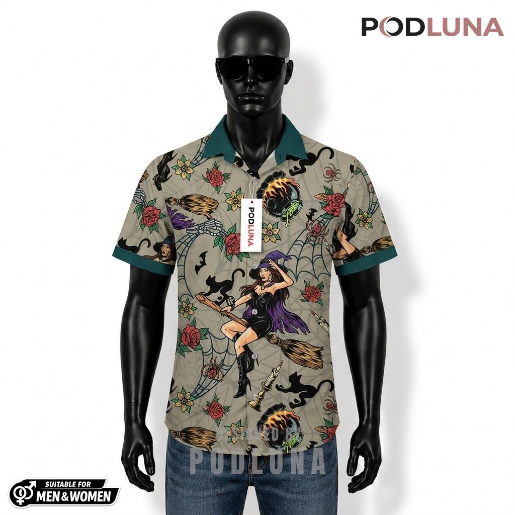 Witch Broomstick Halloween Hawaiian Shirt Cauldron Rose Front