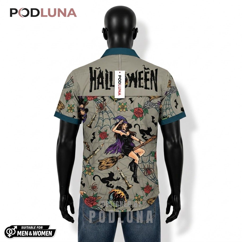 Witch Broomstick Halloween Hawaiian Shirt Cauldron Rose Back Witch Broomstick Halloween Hawaiian Shirt Cauldron Rose Back