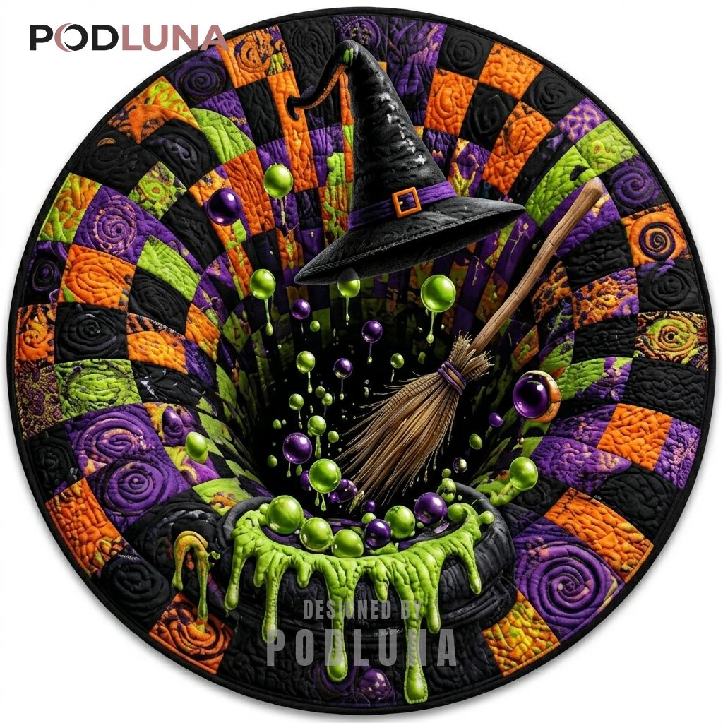 Witch Halloween 3D Rug Cauldron Broom Illusion