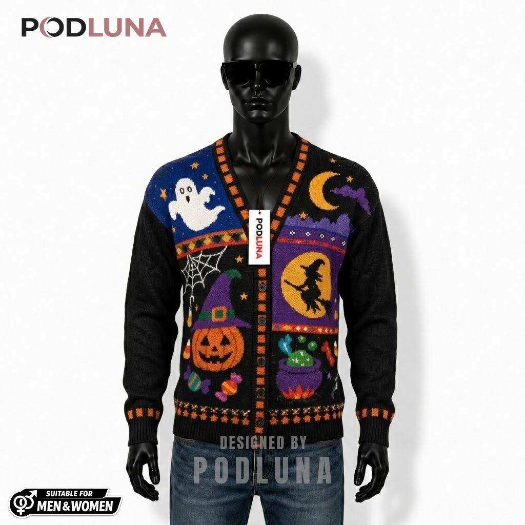 Witch Halloween Cardigan Haunted House Cat 1