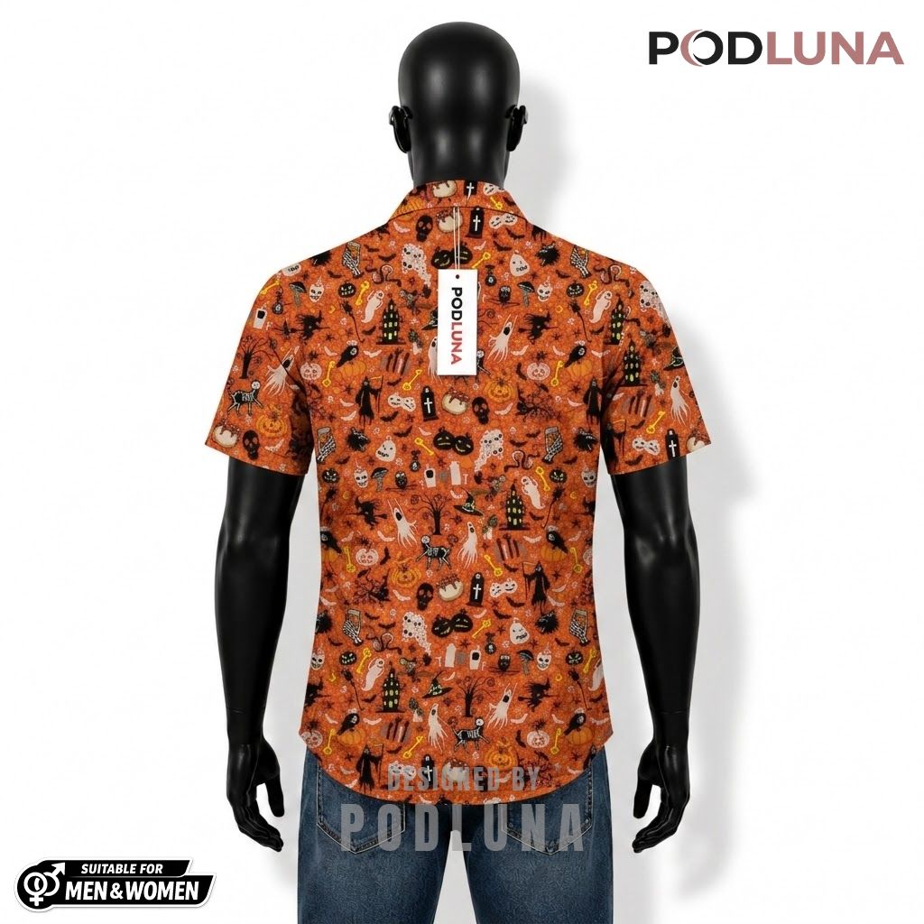 Witch Silhouette Halloween Hawaiian Shirt Ghost Skull Icon Back Witch Silhouette Halloween Hawaiian Shirt Ghost Skull Icon Back