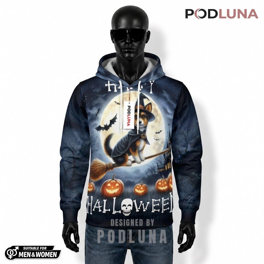 Yorkie Halloween 3D Hoodie Happy Witch Broom Blue Moon 1